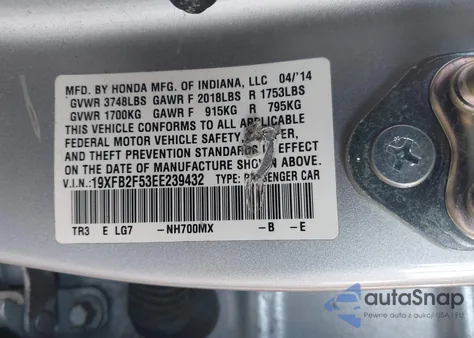 2014 Honda Civic Lx из США, поврежденный, VIN 19XFB2F53EE239432